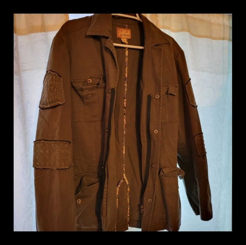 Vintage Army Green Military Style Medium Denim Zip-Up Jacket, Distressed